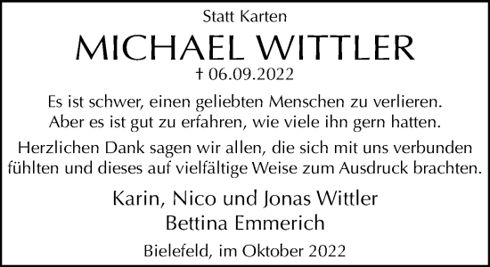 Traueranzeige von Michael Wittler von Neue Westfälische