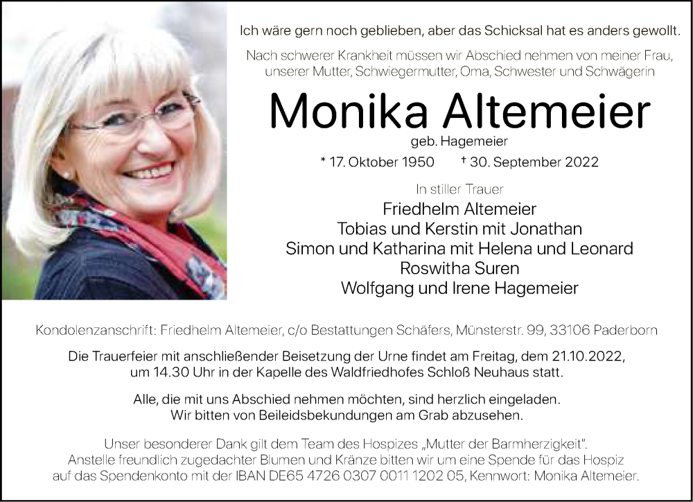  Traueranzeige für Monika Altemeier vom 08.10.2022 aus Neue Westfälische