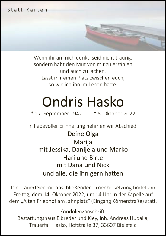 Traueranzeige von Ondris Hasko von Neue Westfälische