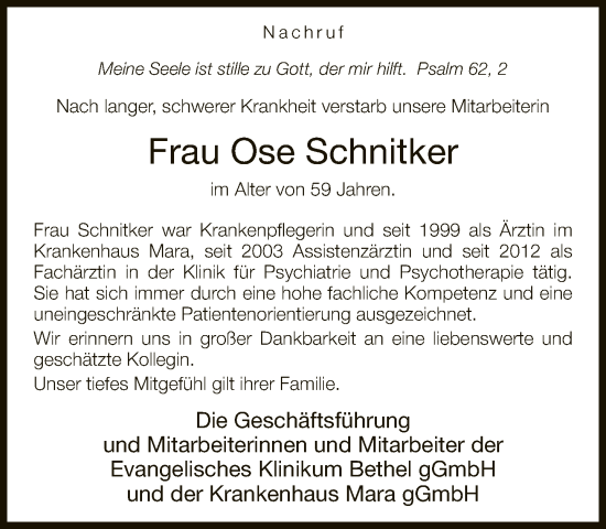 Traueranzeige von Ose Schnitker von Neue Westfälische