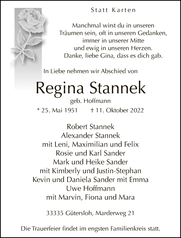  Traueranzeige für Regina Stannek vom 15.10.2022 aus Neue Westfälische
