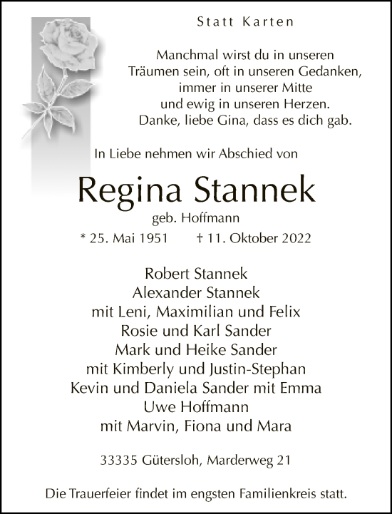 Traueranzeige von Regina Stannek von Neue Westfälische