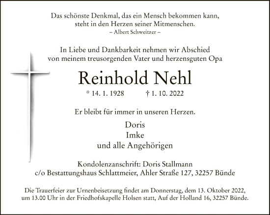 Traueranzeige von Reinhold Nehl von Neue Westfälische