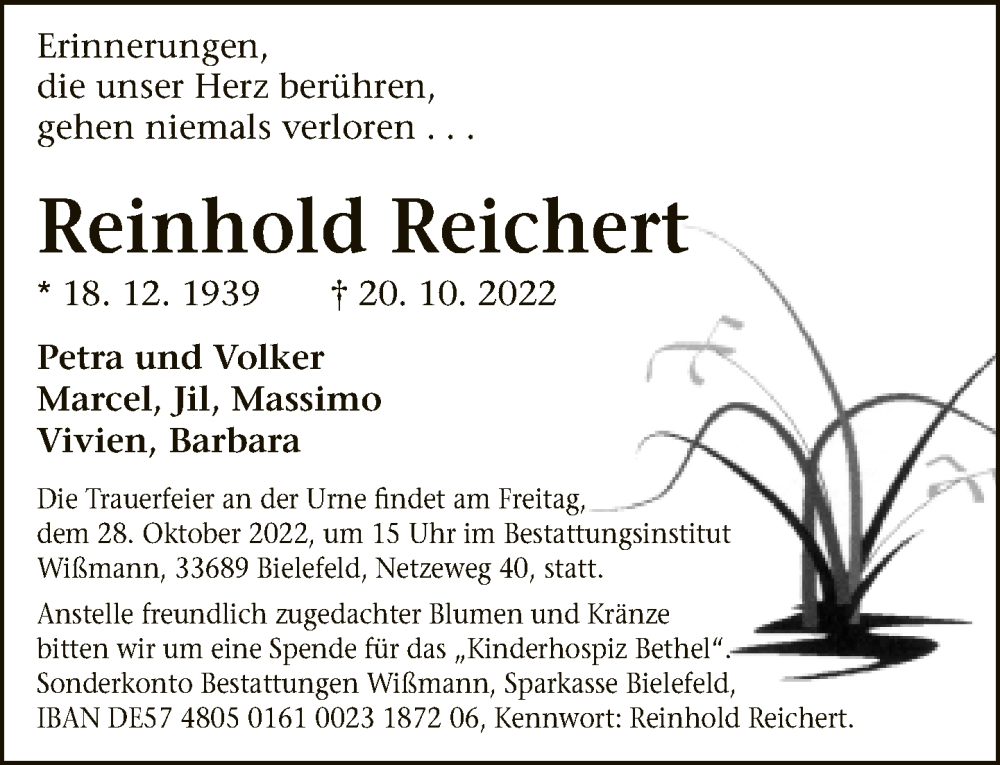  Traueranzeige für Reinhold Reichert vom 24.10.2022 aus Neue Westfälische