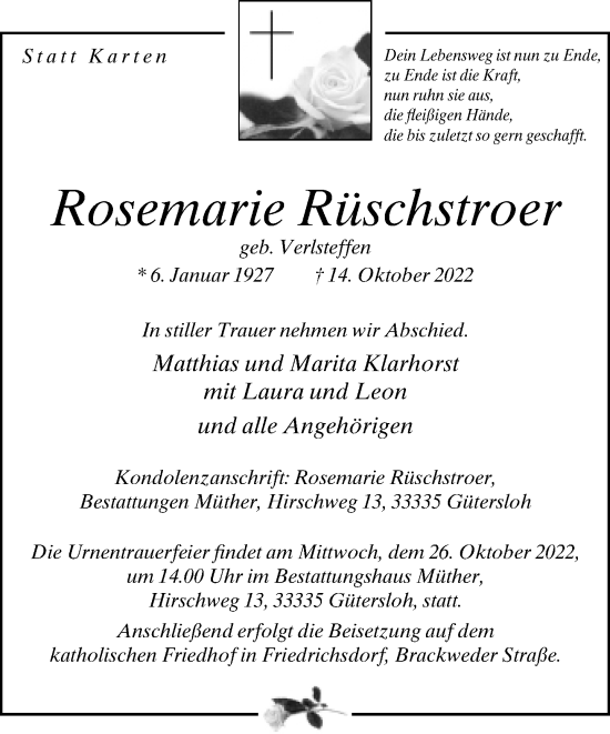 Traueranzeige von Rosemarie Rüschstroer von Neue Westfälische