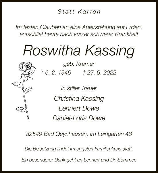 Traueranzeige von Roswitha Kassing von Neue Westfälische