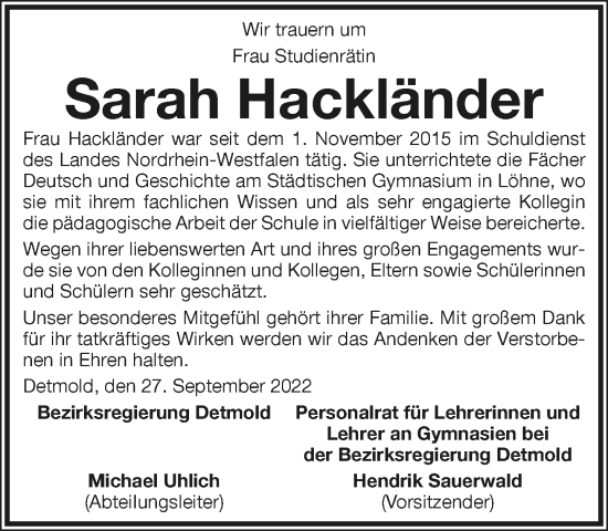 Traueranzeige von Sarah Hackländer von Neue Westfälische