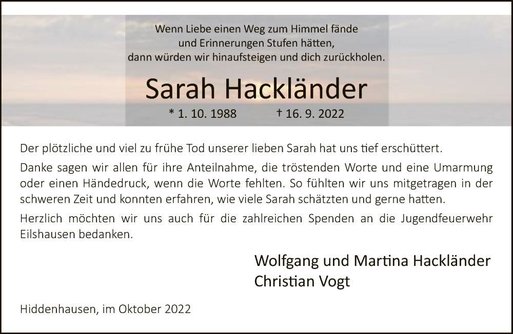  Traueranzeige für Sarah Hackländer vom 22.10.2022 aus Neue Westfälische
