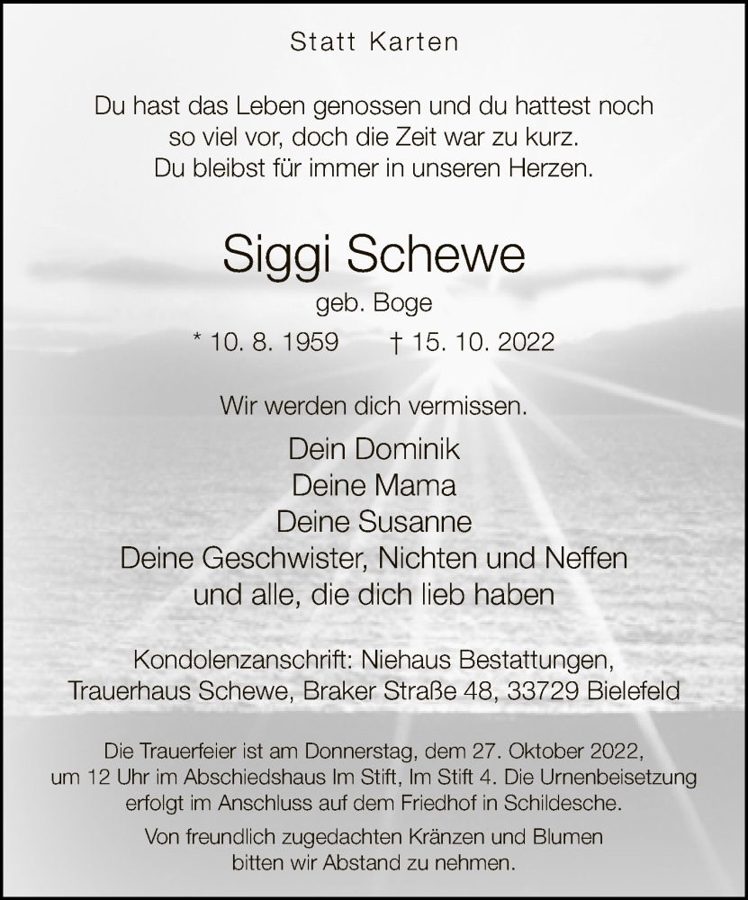  Traueranzeige für Siggi Schewe vom 22.10.2022 aus Neue Westfälische