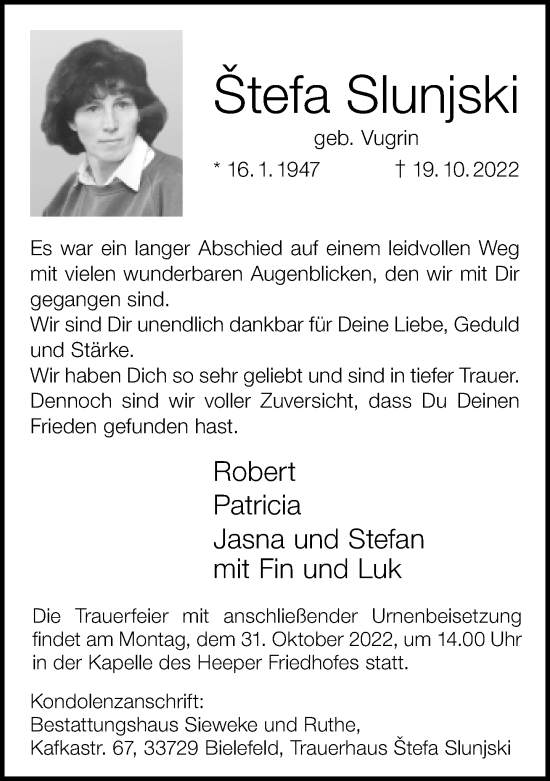 Traueranzeige von Stefa Slunjski von Neue Westfälische