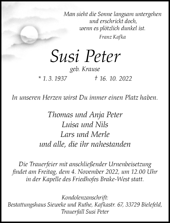 Traueranzeige von Susi Peter von Neue Westfälische