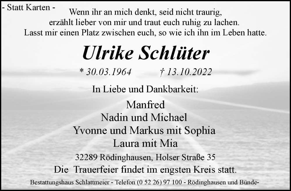  Traueranzeige für Ulrike Schlüter vom 22.10.2022 aus Neue Westfälische
