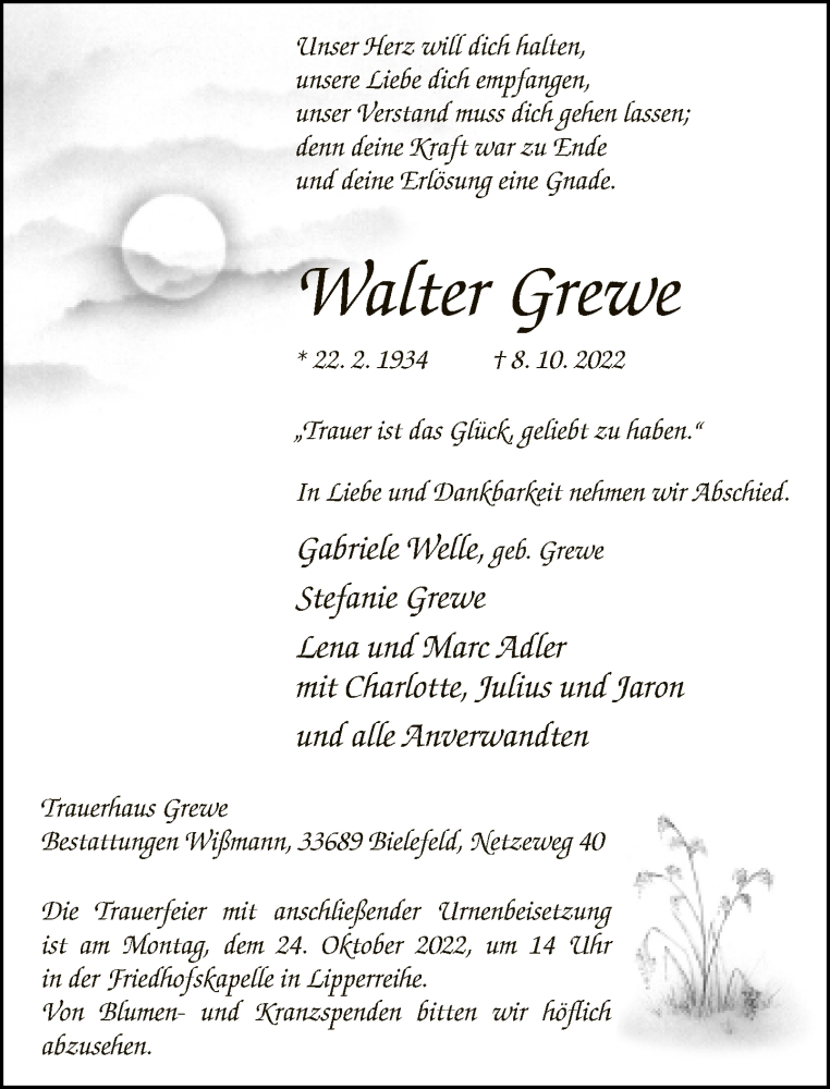  Traueranzeige für Walter Grewe vom 15.10.2022 aus Neue Westfälische