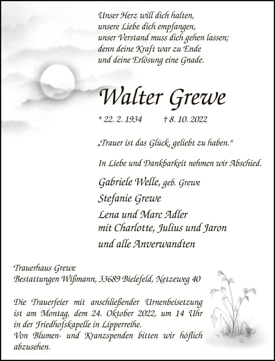 Traueranzeige von Walter Grewe von Neue Westfälische