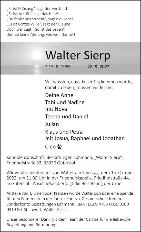 Traueranzeige von Walter Sierp von Neue Westfälische