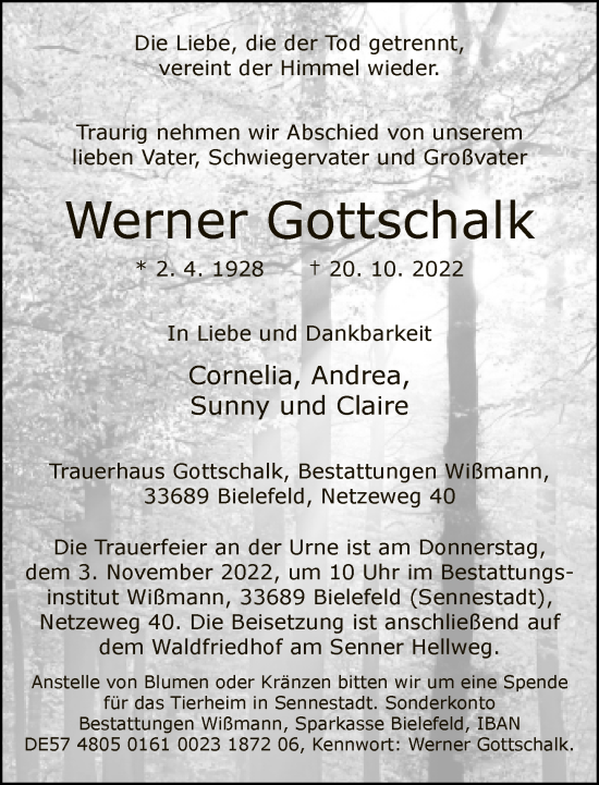Traueranzeige von Werner Gottschalk von Neue Westfälische