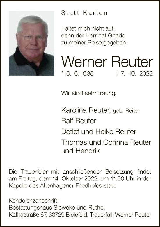 Traueranzeige von Werner Reuter von Neue Westfälische