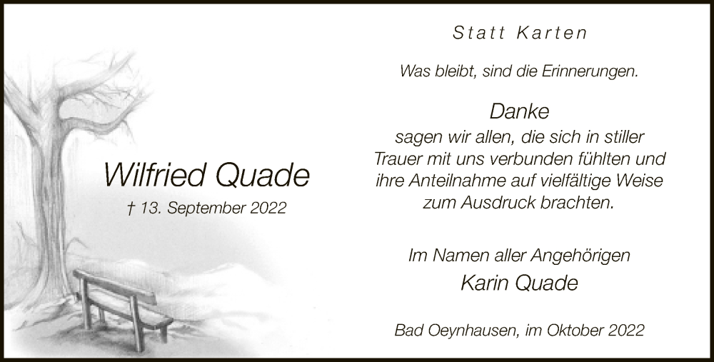  Traueranzeige für Wilfried Quade vom 08.10.2022 aus Neue Westfälische