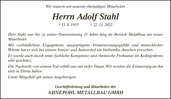 Traueranzeige von Adolf Stahl von Neue Westfälische