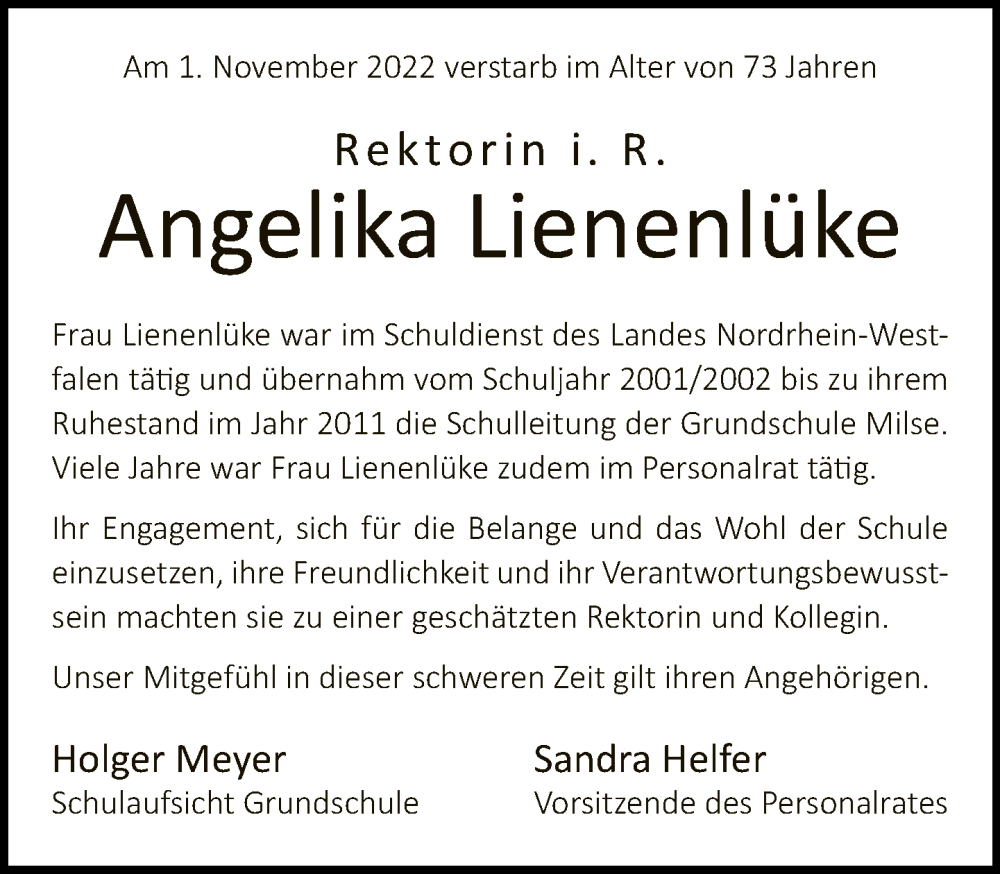  Traueranzeige für Angelika Lienenlüke vom 12.11.2022 aus Neue Westfälische