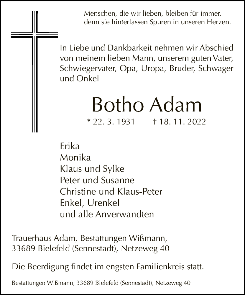  Traueranzeige für Botho Adam vom 23.11.2022 aus Neue Westfälische