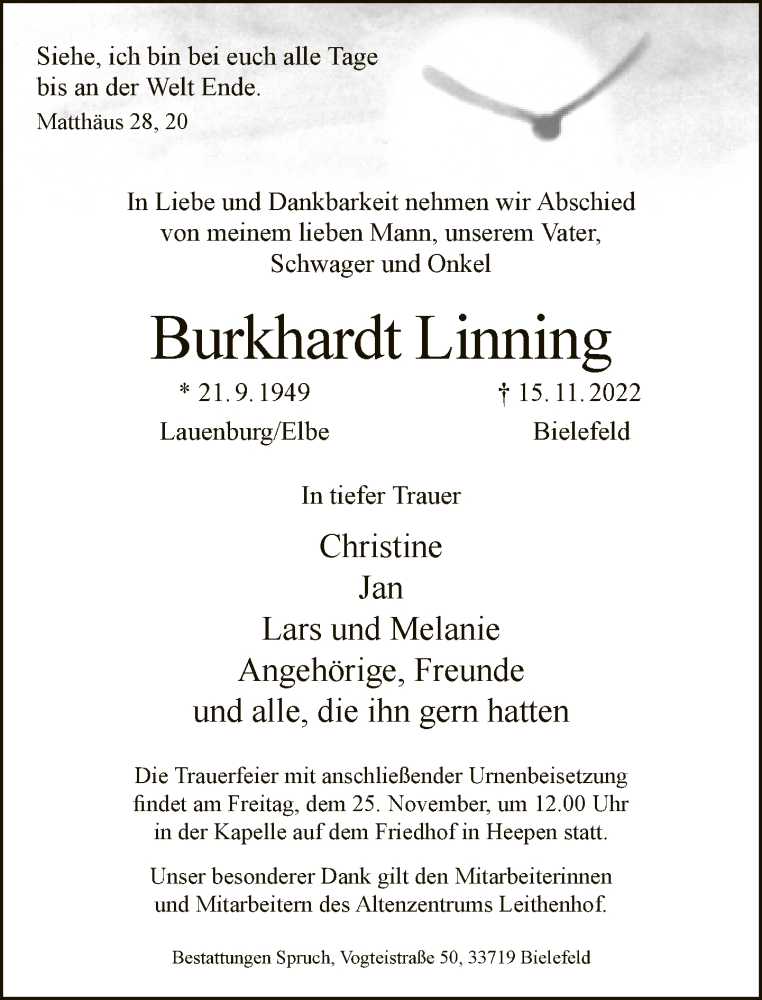  Traueranzeige für Burkhardt Linning vom 19.11.2022 aus Neue Westfälische