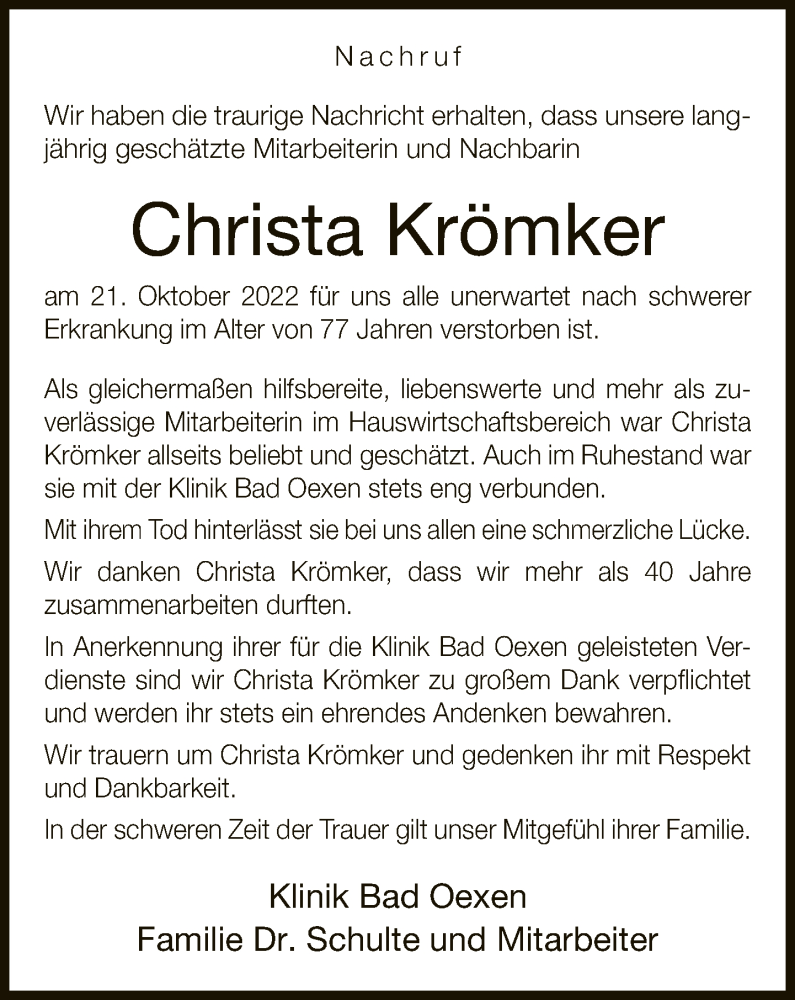  Traueranzeige für Christa Krömker vom 05.11.2022 aus Neue Westfälische