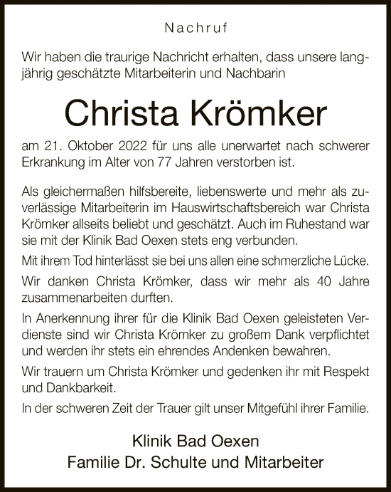 Traueranzeige von Christa Krömker von Neue Westfälische