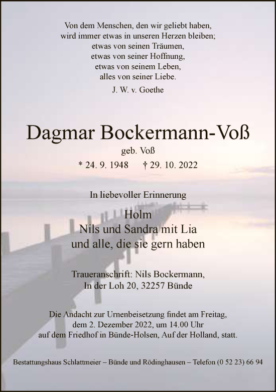 Traueranzeige von Dagmar Bockermann-Voß von Neue Westfälische