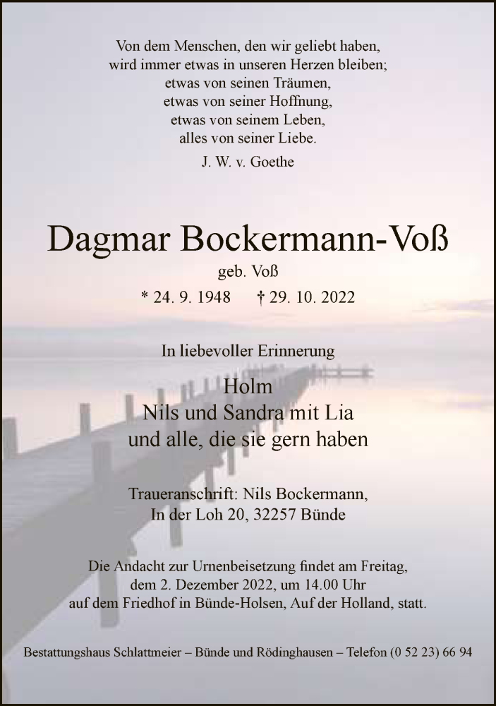 Traueranzeige für Dagmar Bockermann-Voß vom 26.11.2022 aus Neue Westfälische