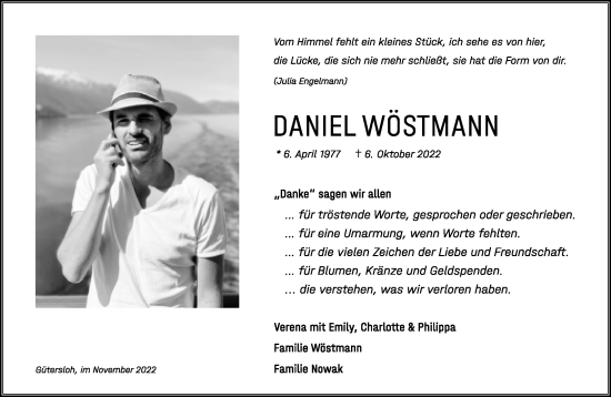 Traueranzeige von Daniel Wöstmann von Neue Westfälische