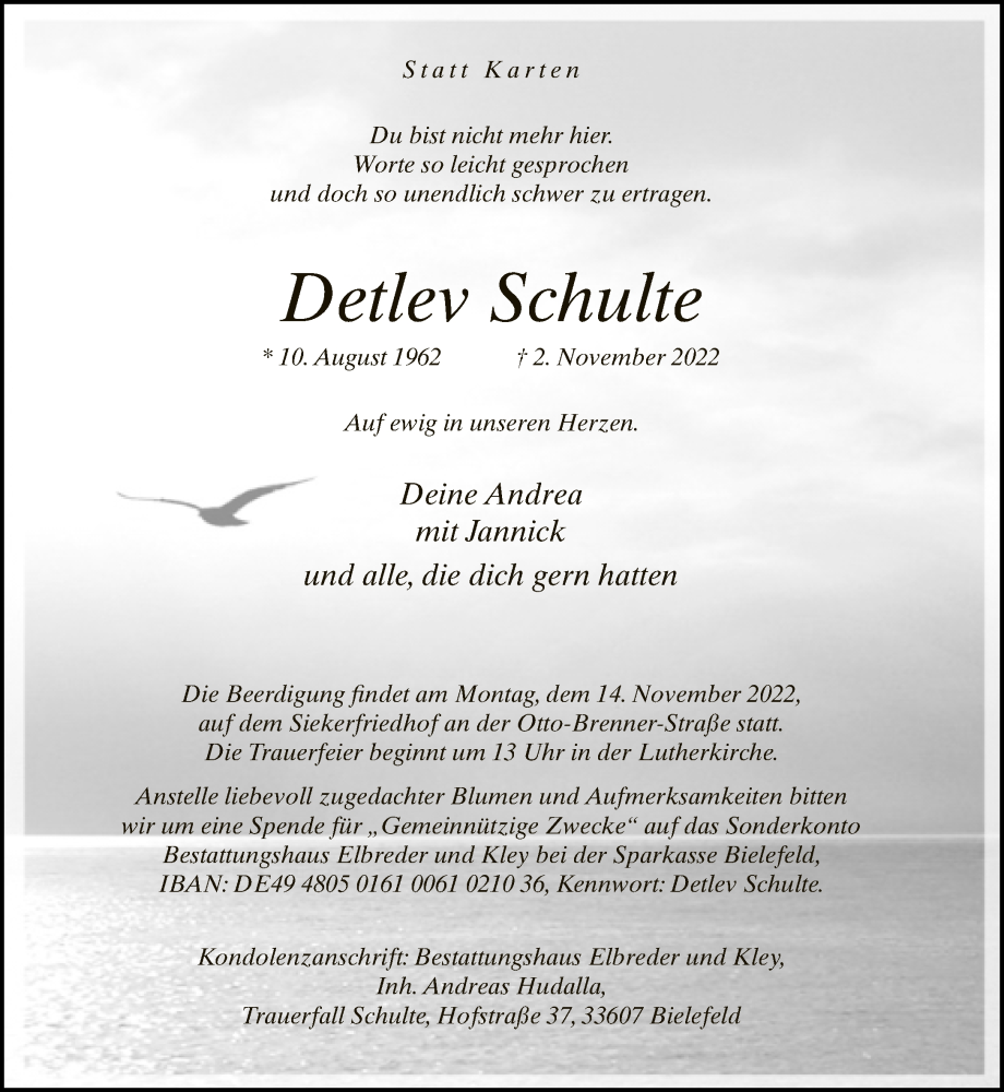  Traueranzeige für Detlev Schulte vom 09.11.2022 aus Neue Westfälische