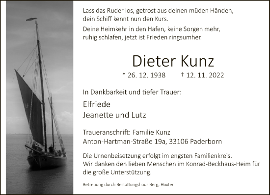 Traueranzeige von Dieter Kunz von Neue Westfälische