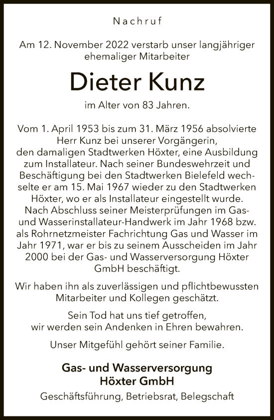 Traueranzeige von Dieter Kunz von Neue Westfälische