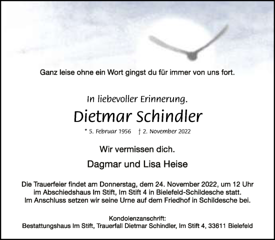 Traueranzeige von Dietmar Schindler von Neue Westfälische