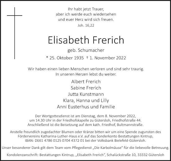 Traueranzeige von Elisabeth Frerich von Neue Westfälische