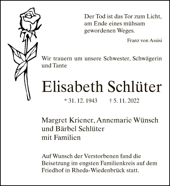 Traueranzeige von Elisabeth Schlüter von Neue Westfälische