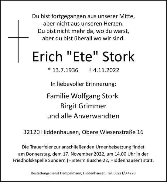 Traueranzeige von Erich Stork von Neue Westfälische