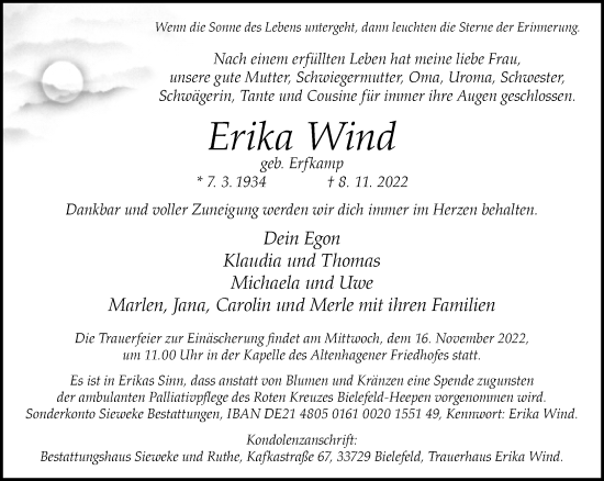 Traueranzeige von Erika Wind von Neue Westfälische