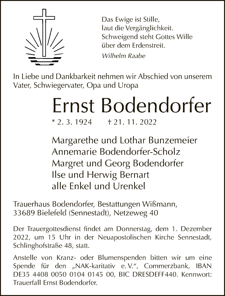  Traueranzeige für Ernst Bodendorfer vom 29.11.2022 aus Neue Westfälische
