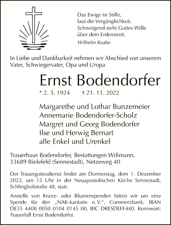 Traueranzeige von Ernst Bodendorfer von Neue Westfälische