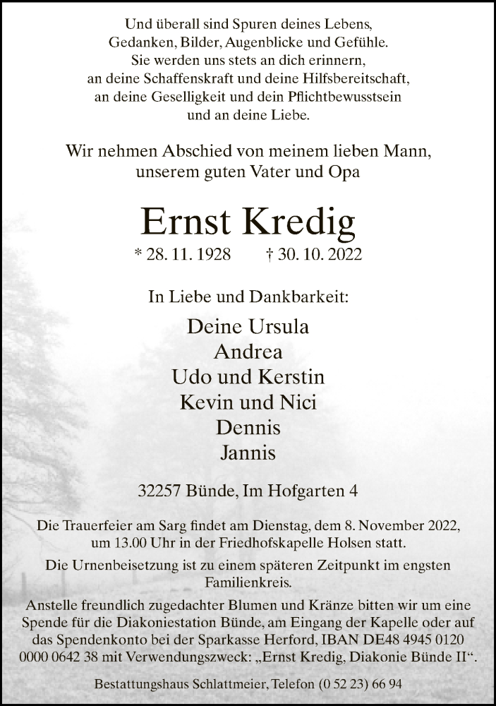  Traueranzeige für Ernst Kredig vom 05.11.2022 aus Neue Westfälische