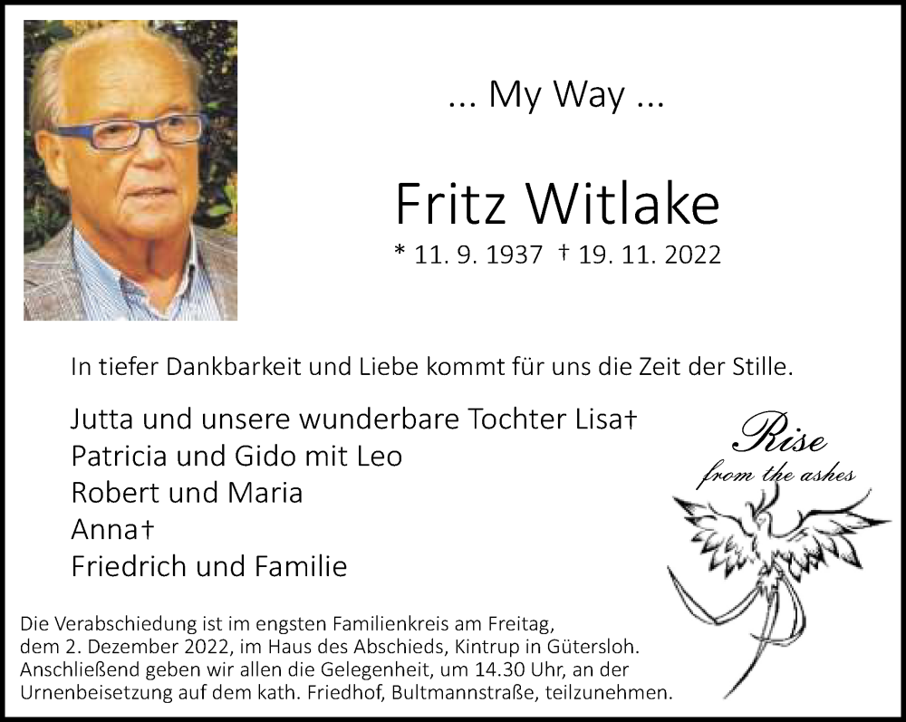  Traueranzeige für Fritz Witlake vom 25.11.2022 aus Neue Westfälische