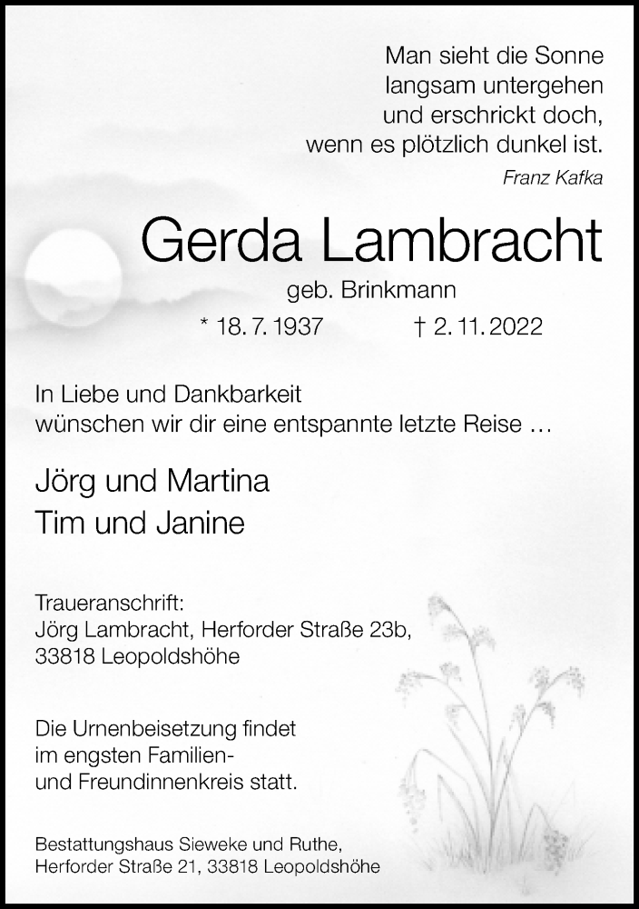  Traueranzeige für Gerda Lambracht vom 05.11.2022 aus Neue Westfälische