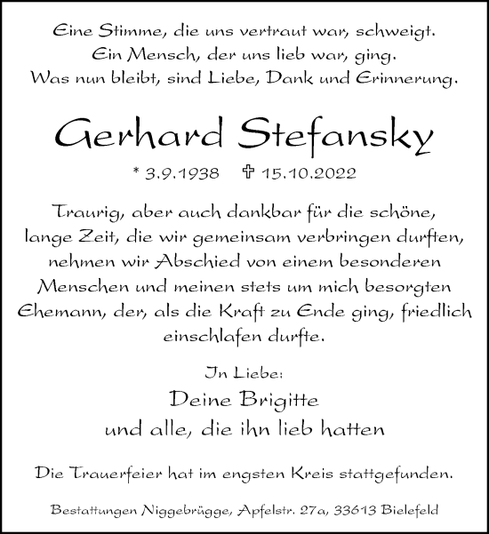 Traueranzeige von Gerhard Stefansky von Neue Westfälische