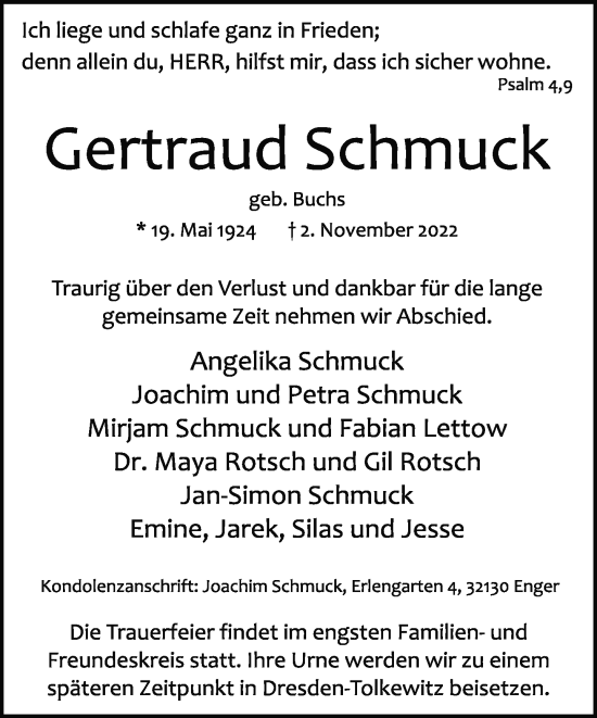 Traueranzeige von Gertraud Schmuck von Neue Westfälische