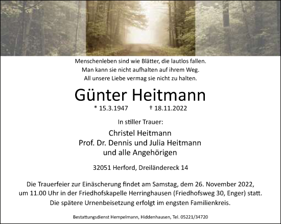 Traueranzeige von Günter Heitmann von Neue Westfälische