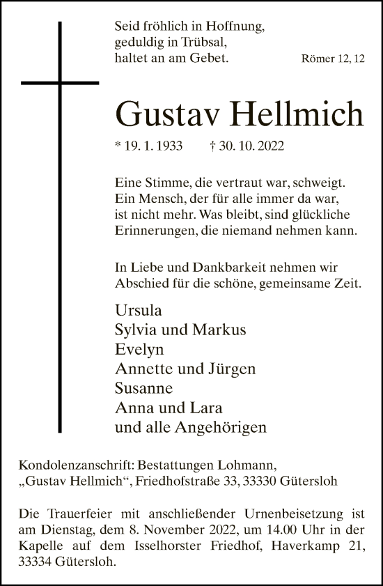Traueranzeige von Gustav Hellmich von Neue Westfälische