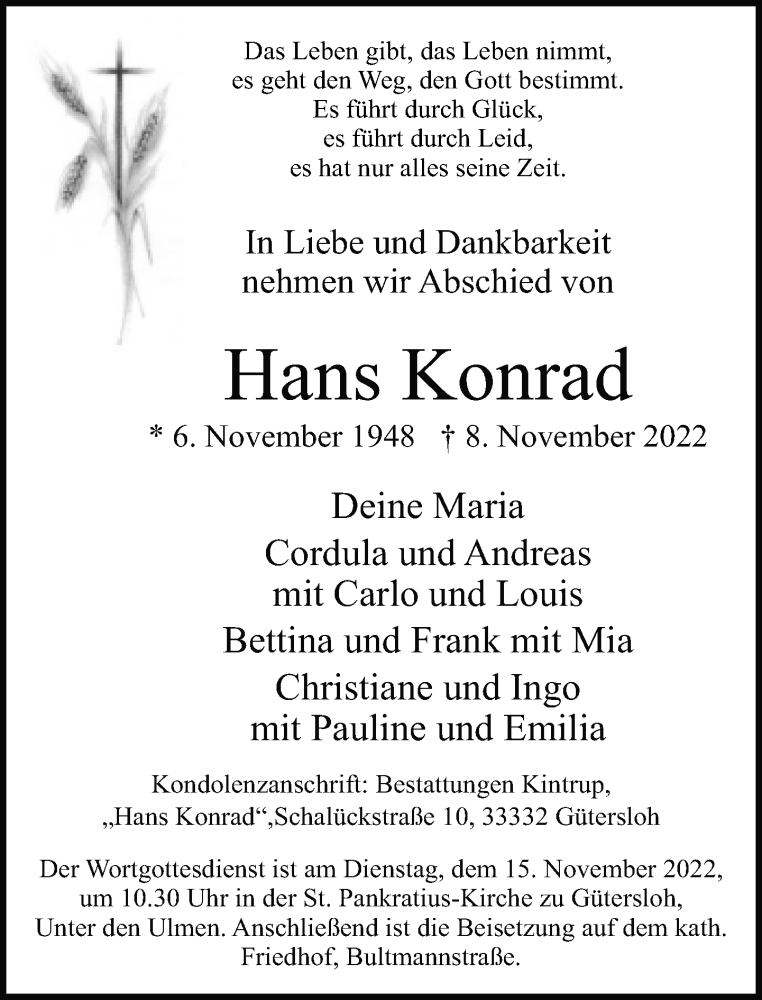  Traueranzeige für Hans Konrad vom 11.11.2022 aus Neue Westfälische