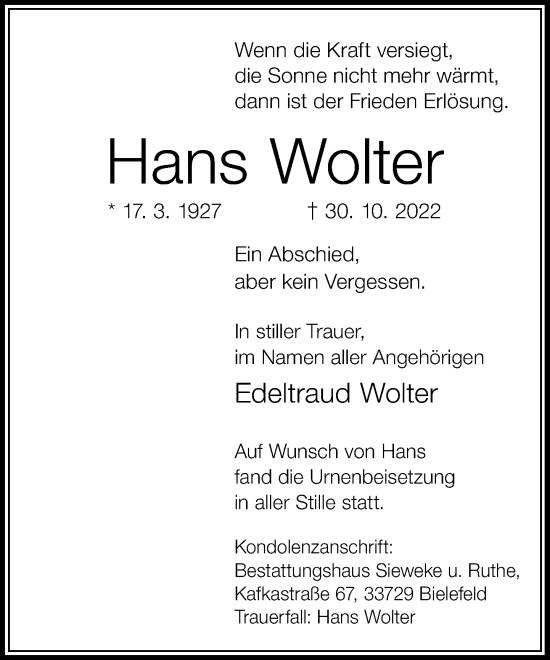 Traueranzeige von Hans Wolter von Neue Westfälische